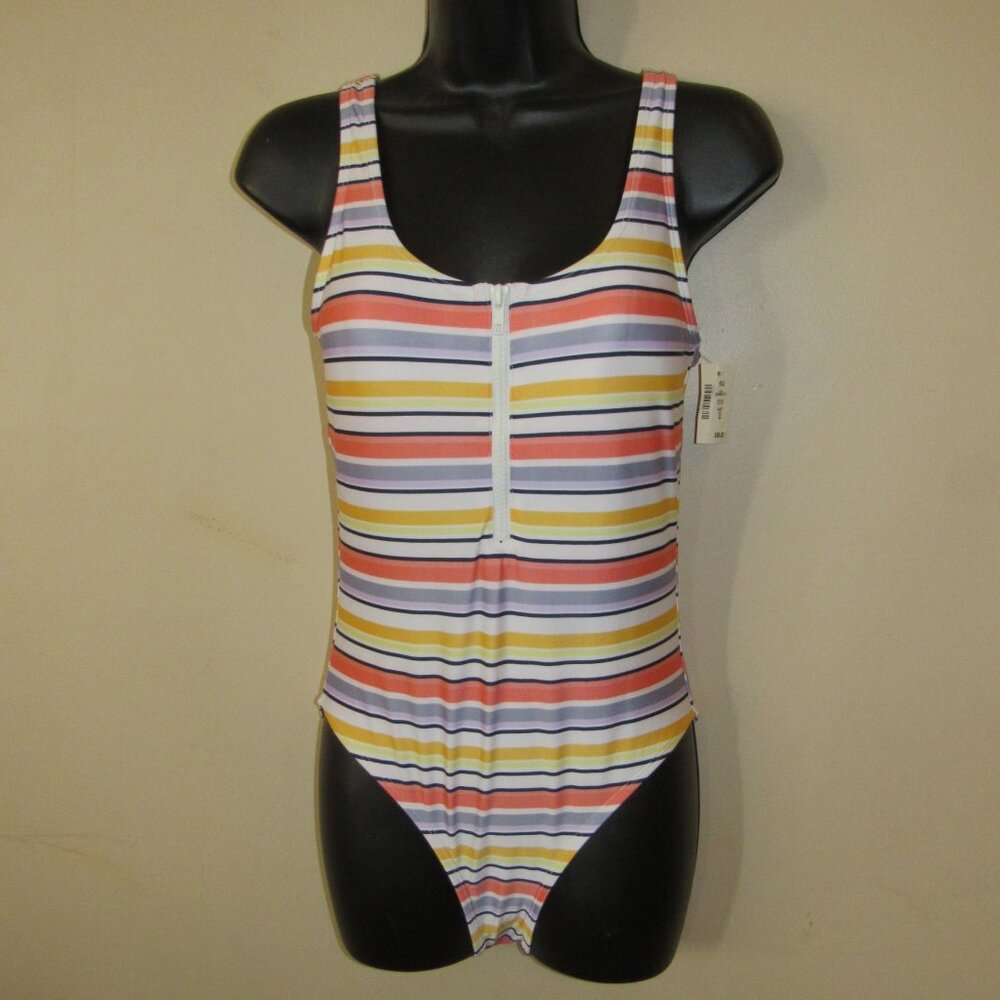 NWT Aero Aeropostale Multi Color Stripe Zip Front High Cut One Piece Swim Suit M